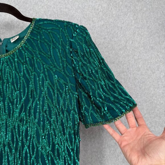 Laurence Kazar Womens VTG Silk Cocktail Party Dress Size M Green Sequin Beaded - Picture 2 of 16